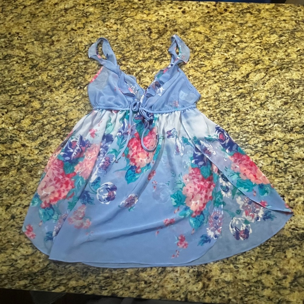 In Bloom by Jonquil Blue Floral Chiffon Babydoll Chemise Nightgown Womens M